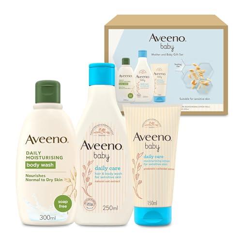 Aveeno Baby Mother and Baby Giftset – Gift for New Mums with Nourishing Body Wash (300ml), Babycare Hair & Body Wash (250ml) and Lotion (150ml), Soothing Products Suitable for Use on Sensitive Skin