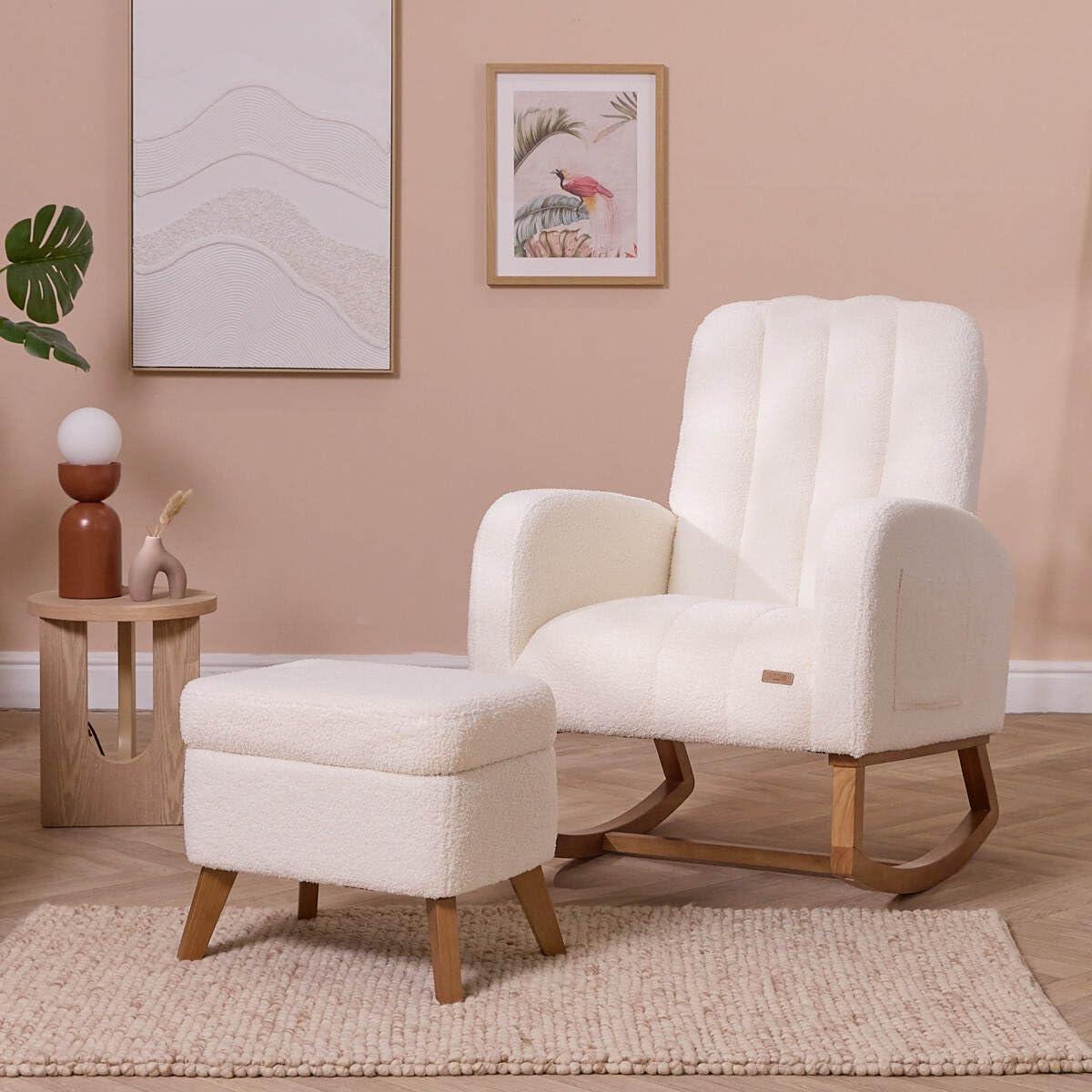 Tutti Bambini Luca Bouclé Baby Rocking Chair with Footstool – Nursing Chair with Ergonomic Backrest & Armrests, Soft Bouclé Upholstery with Side Pocket for Comfortable Feeding & Cradling - Fresh Cream