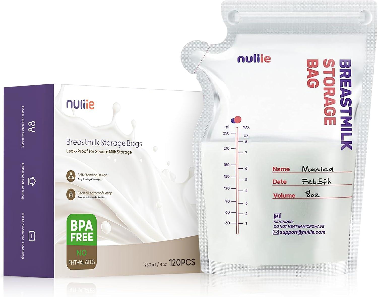 Nuliie 120 Pcs Breast Milk Storage Bags, 250ml BPA Free Milk Storage Bags with Pour Spout for Breastfeeding, Self-Standing or Flat Pre-sterilised Bag, Space Saving for Fridge or Freezer Use