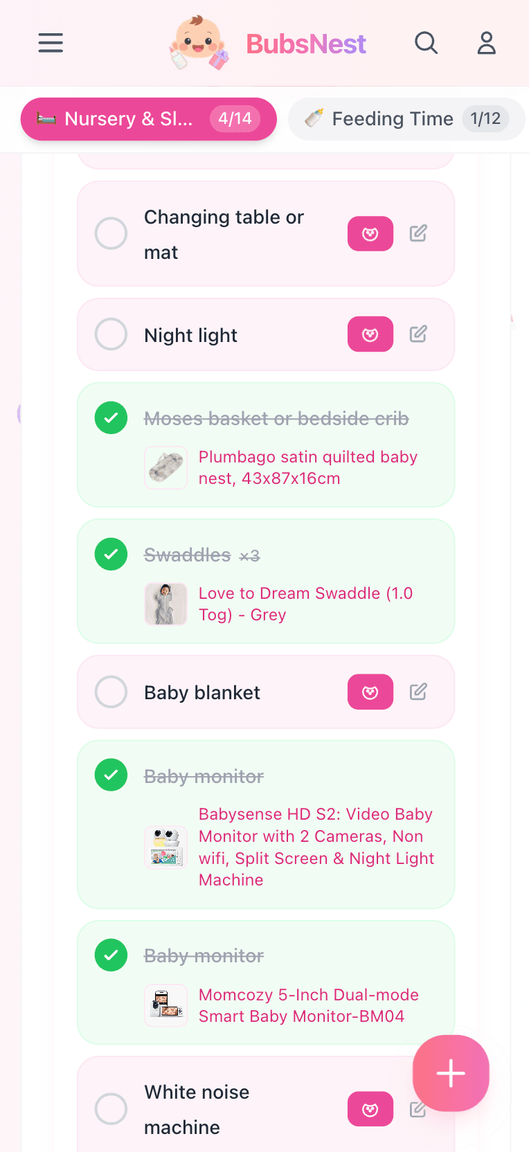BubsNest smart checklist on mobile