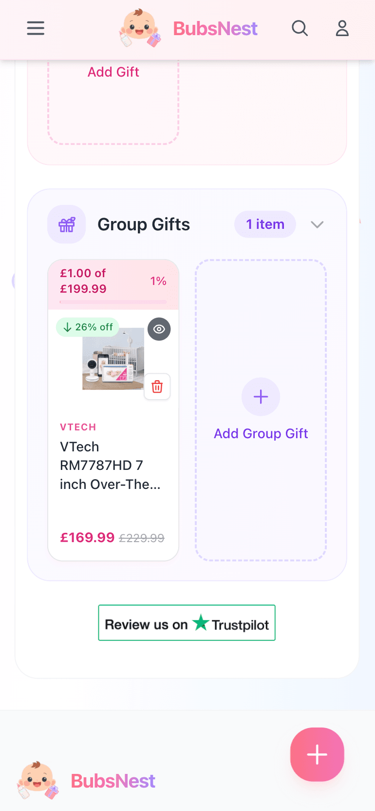 BubsNest group gifting on mobile
