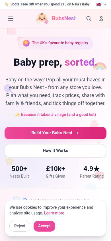 BubsNest homepage โ build your registry