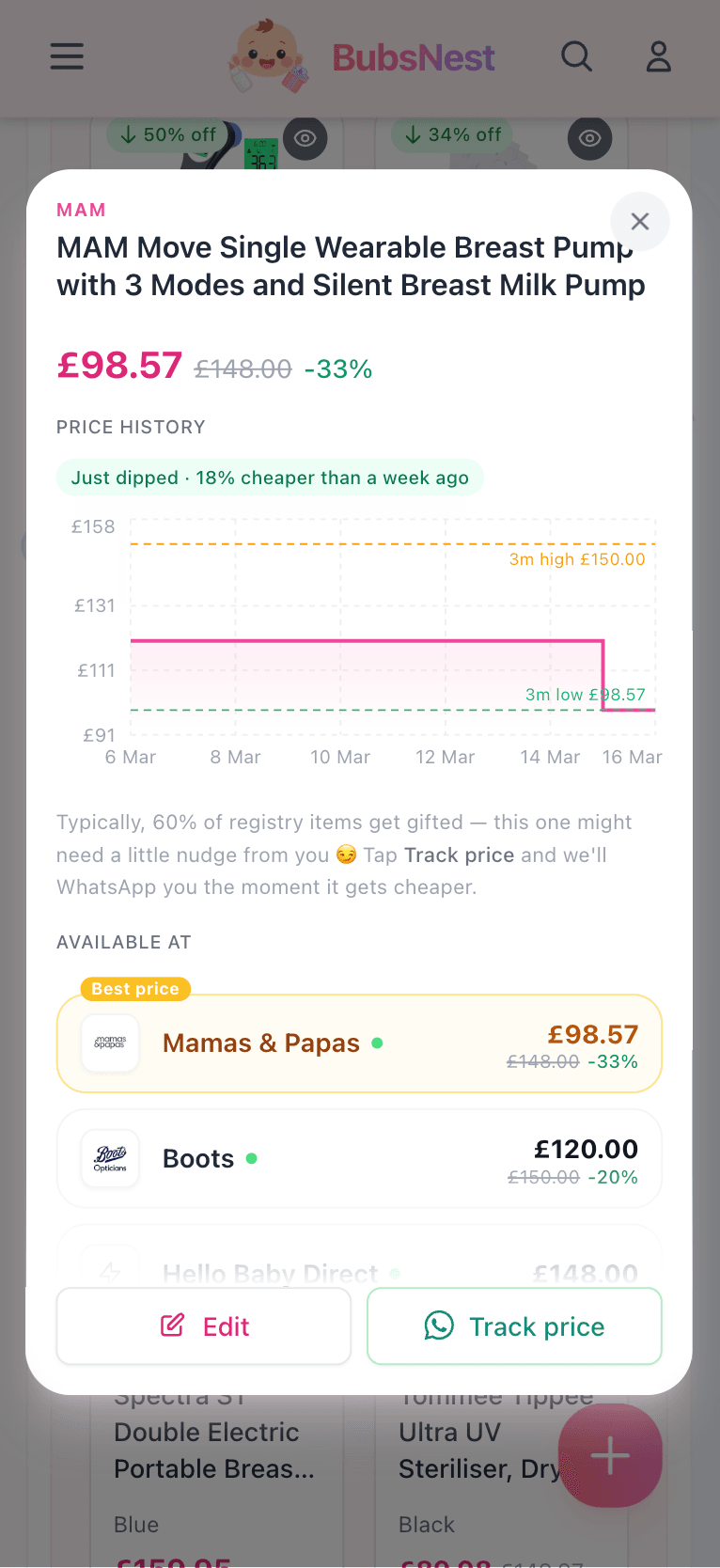 BubsNest price tracking on mobile
