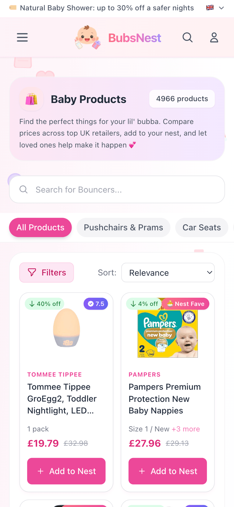 BubsNest product catalog on mobile