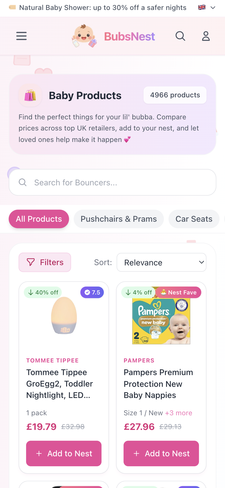 BubsNest product catalog on mobile